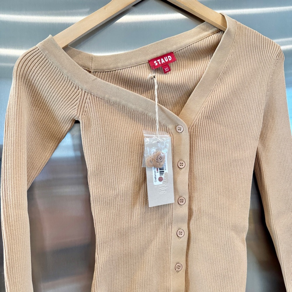 NWT Staud Craftsman Sweater Camel Tan Beige Off Shoulder camel Carmel button up - Picture 6 of 15